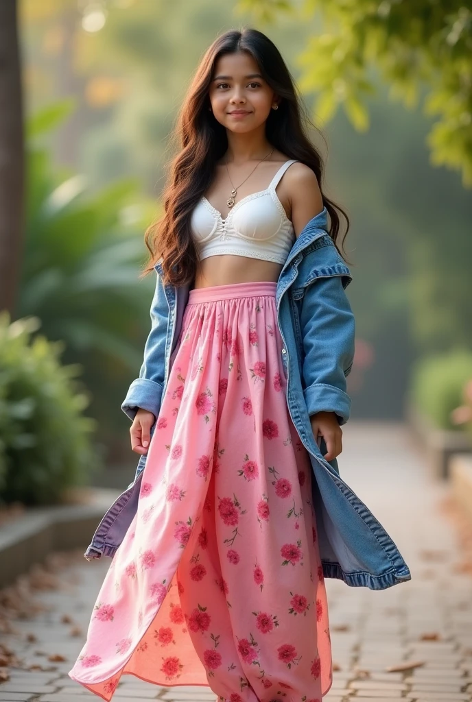 A girl wearing pink floral printed saree with a white bra and a denim long jacket over it with white heels