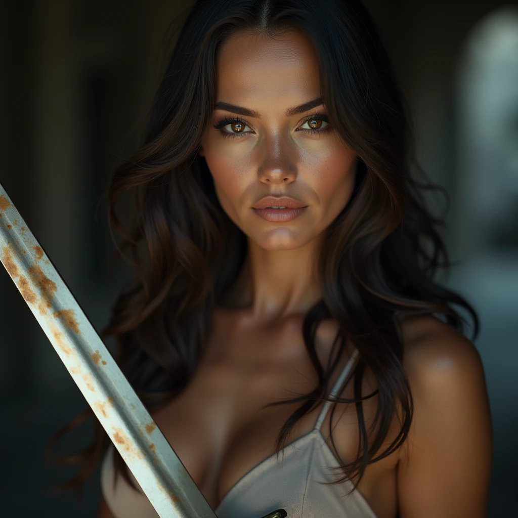 a close up of a woman in a dress with sword, similar to mila kunis, cinematic goddess body shot