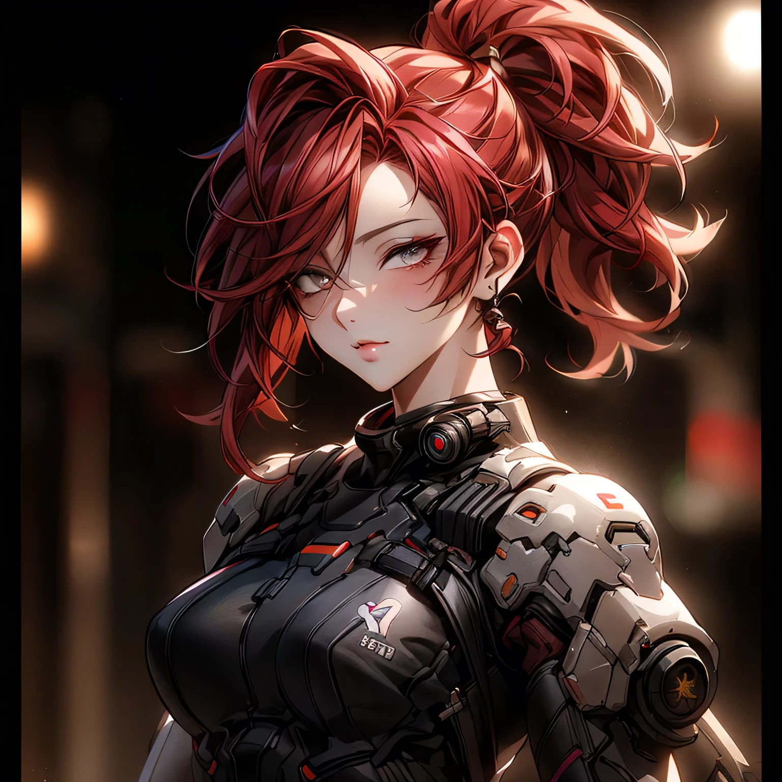 ((best quality)), ((Masterpiece)), (details:1.4), 3d, Image of a beautiful cyberpunk woman, HDR (high dynamic range), mature woman, High ponytail, Red hair, beautiful White eyes, SWAT uniform, PBR surface, After processing, Anisotropic filtration,depth of field, Maximum clarity and clarity, multi-layered surface, perfect proportions, 8K raw files, cyberpunk, at night, ผมหลายชั้น, กระโปรงสั้น, natural lighting, soft lighting, sunlight, หน้าอกใหญ่,