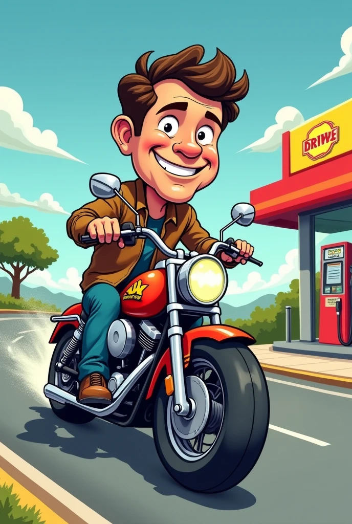 A man ride A motorcycle with a gas station in the background cartoon