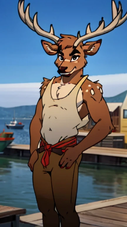 Best quality, Super detailed illustration, (furry deer gay boy:1.4), gay femboy, masculine face and body, femboy, deer antlers, disheveled thick white hair, dark brown fur, two-tone dark brown fur, white Hooters outfits, red pants, gray goatee, smug smile, half-closed detailed eyes, against the background of the harbor, gay male, small waist, wide hips, slim, perfect body, style "DND"