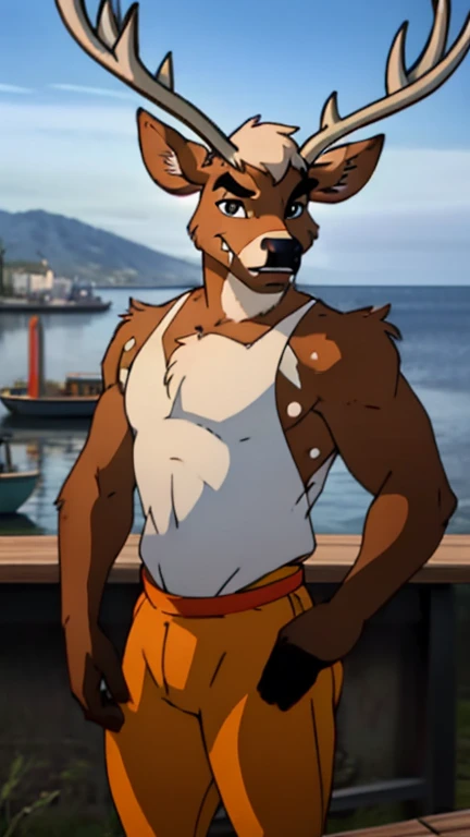 Best quality, Super detailed illustration, (furry deer gay boy:1.4), gay femboy, masculine face and body, femboy, deer antlers, disheveled thick white hair, dark brown fur, two-tone dark brown fur, white Hooters outfits, red pants, gray goatee, smug smile, half-closed detailed eyes, against the background of the harbor, gay male, small waist, wide hips, slim, perfect body, style &quot;DND&quot;