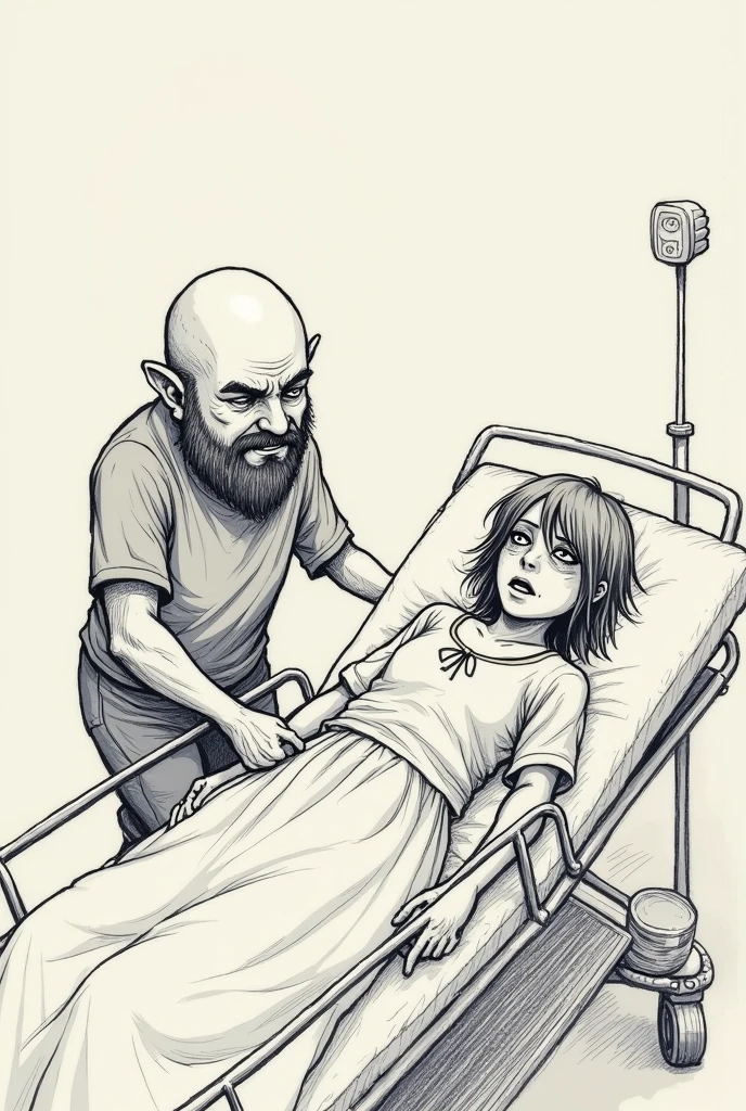 I want to create a scene where a worn-out girl is on a hospital gurney and a bald dwarf is talking to her., that it is super basic, not with so many details, Let it be as if it were still a draught 