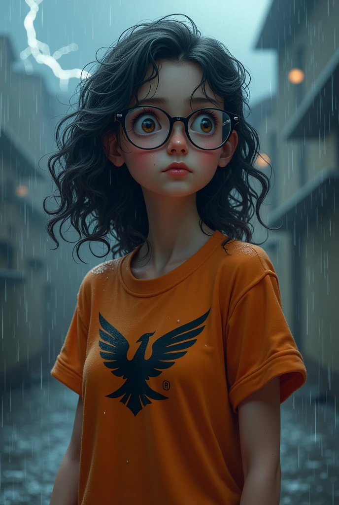 Girl wearing glasses curly hair to shoulder dark skin brown eyes orange t-shirt with black Pegasus symbol in the rain looking to the side lightning in the sky wet rain