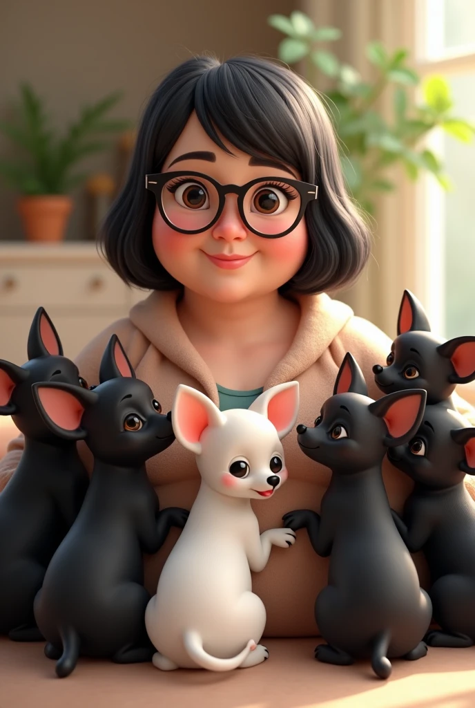 Chubby woman with short straight dark hair and glasses 6 black chihuahua puppies 1 white