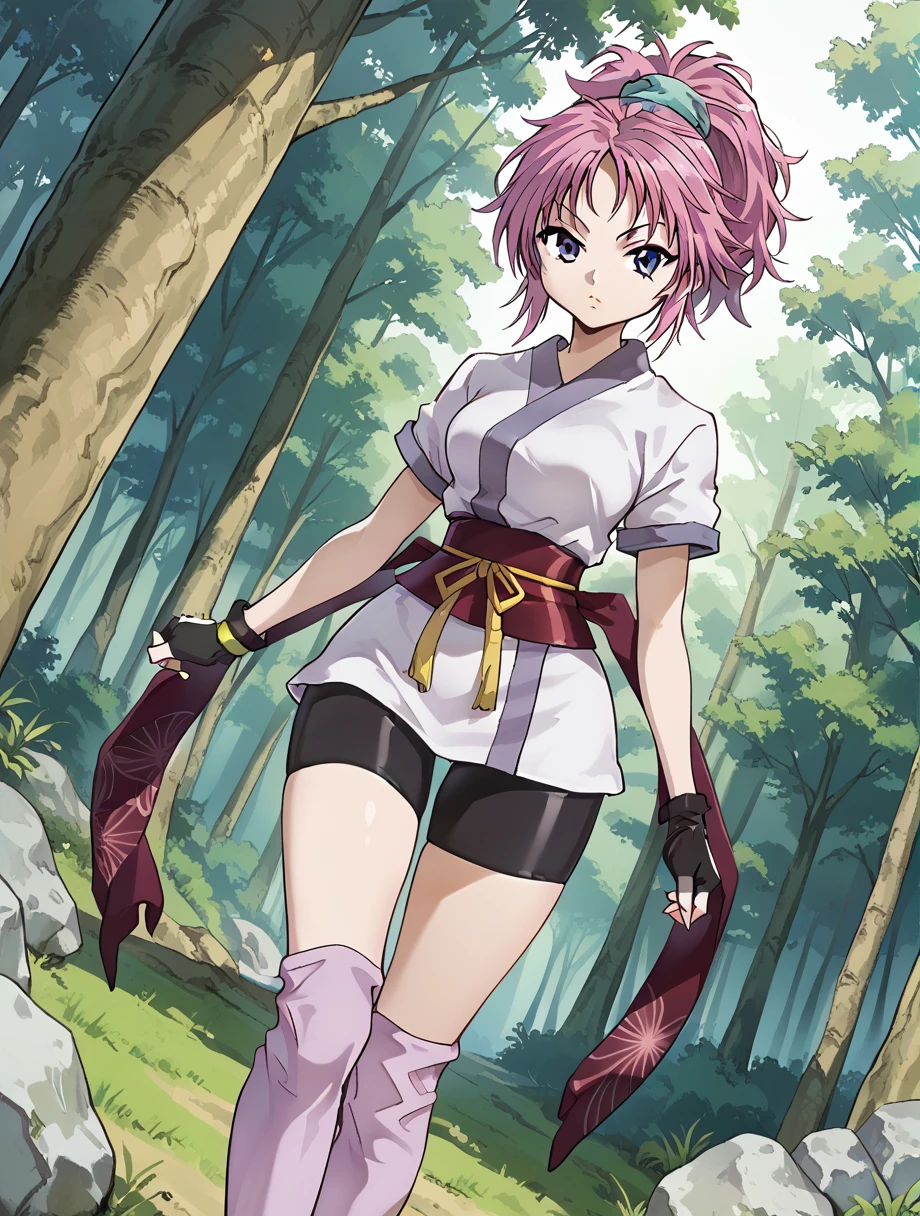 score_9,score_8_up,score_7_up,score_6_up,source_anime,dutch angle,1girl,medium breasts,machi01, blue eyes, ponytail, pink hair, purple hair,portrait, ponytail, japanese clothes, sash, gloves, fingerless gloves, short sleeves, bike shorts,ninja,sash,obi, pink purple socks,tabi, standing in forest,