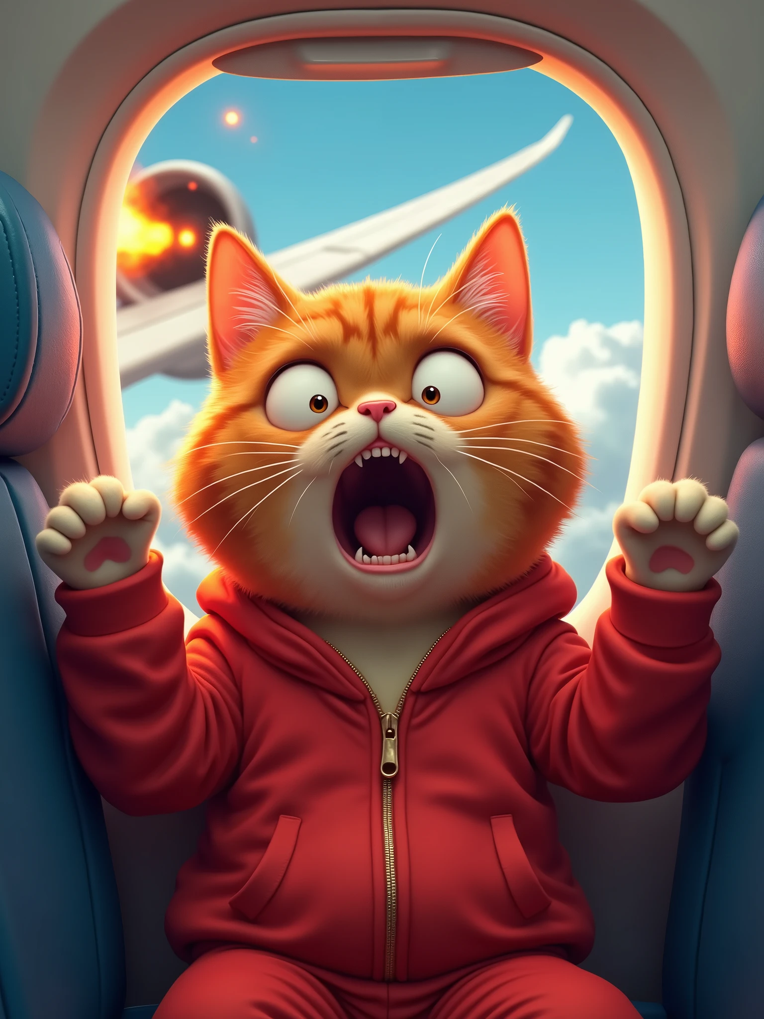 Envision a cartoonish, chubby cat with vibrant ginger fur. This cat bears the characteristics of a real-life British cat, complete with brown eyes. It's dressed in a bright red track suit. The scene is set inside an airplane with the cat seated next to a window, looking out. The airplane is airborne, soaring amongst the clouds. Outside the window, under the wing, the plane's engine is ablaze. The cat, panic-stricken, screams in horror, with its paws lifted in the air. The image emulates the styles of hyperrealism and photorealism, demonstrating an aesthetic beauty, simply realistic with high resolution and detailed precision.