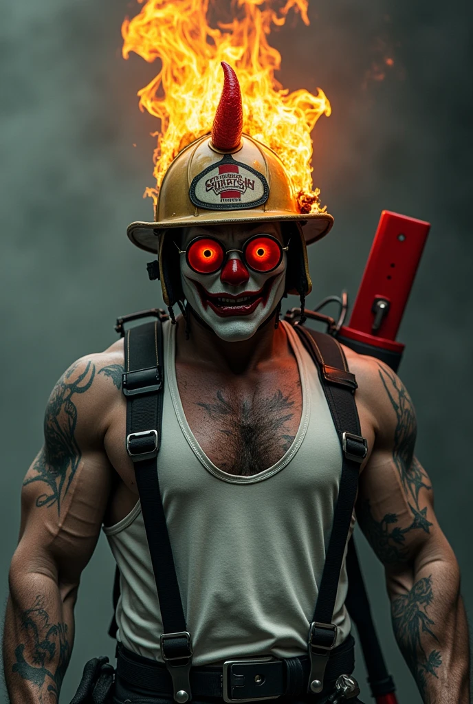 A muscular firefighter, wearing a fireman hat with uniform wearing a scary clown mask, with the head on fire, wearing a white tank top and with tattoos on his arm, with big round glasses, very matte red, with a red round spinning saw on his back