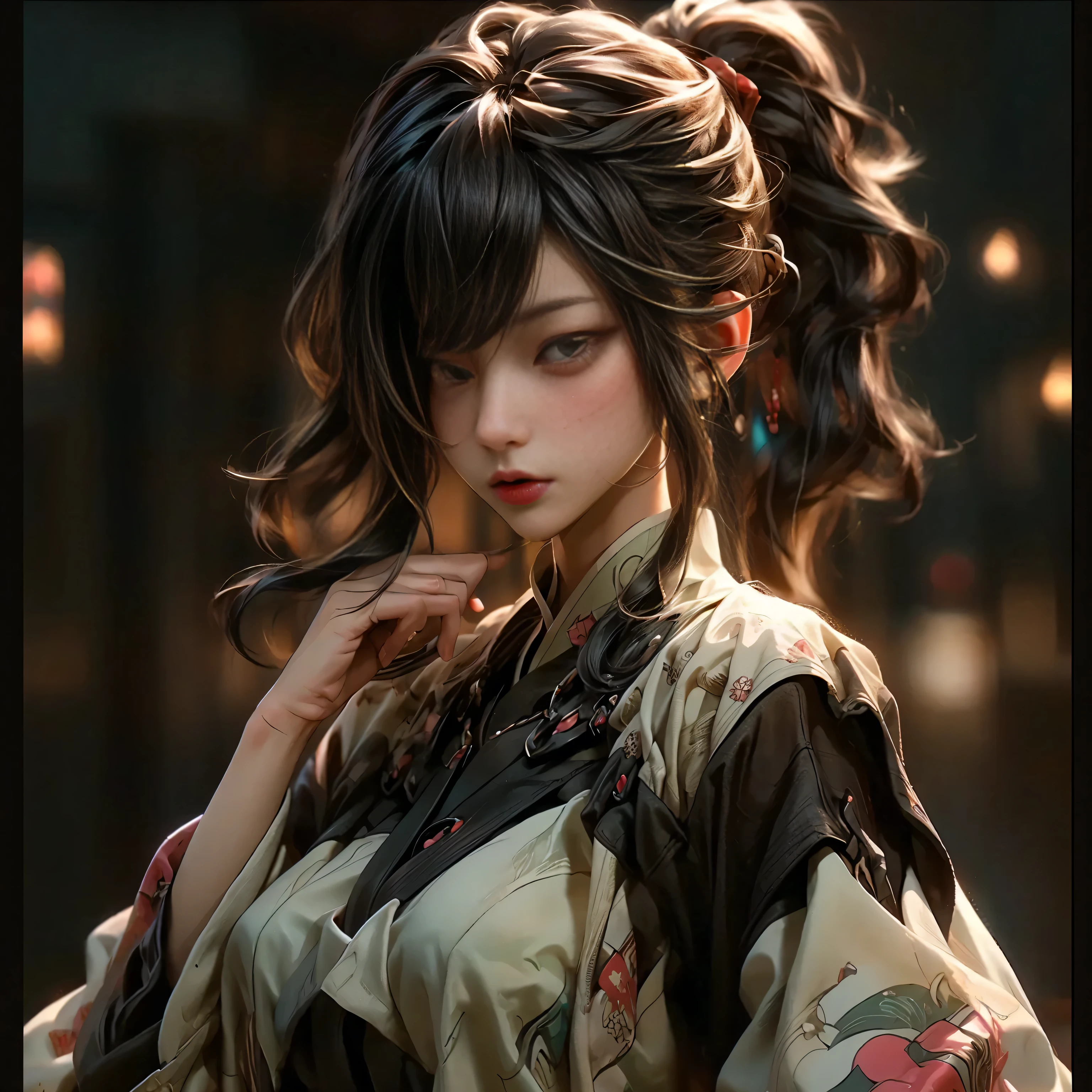 ((best quality)), ((Masterpiece)), (details:1.4), 3d, Image of a beautiful cyberpunk woman, HDR (high dynamic range), mature woman, Curtain Bangs, High ponytail, Red hair, beautiful White eyes, SWAT uniform, PBR surface, After processing, Anisotropic filtration,depth of field, Maximum clarity and clarity, multi-layered surface, perfect proportions, 8K raw files, cyberpunk, at night, ผมหลายชั้น, กระโปรงสั้น, natural lighting, soft lighting, sunlight, หน้าอกใหญ่,