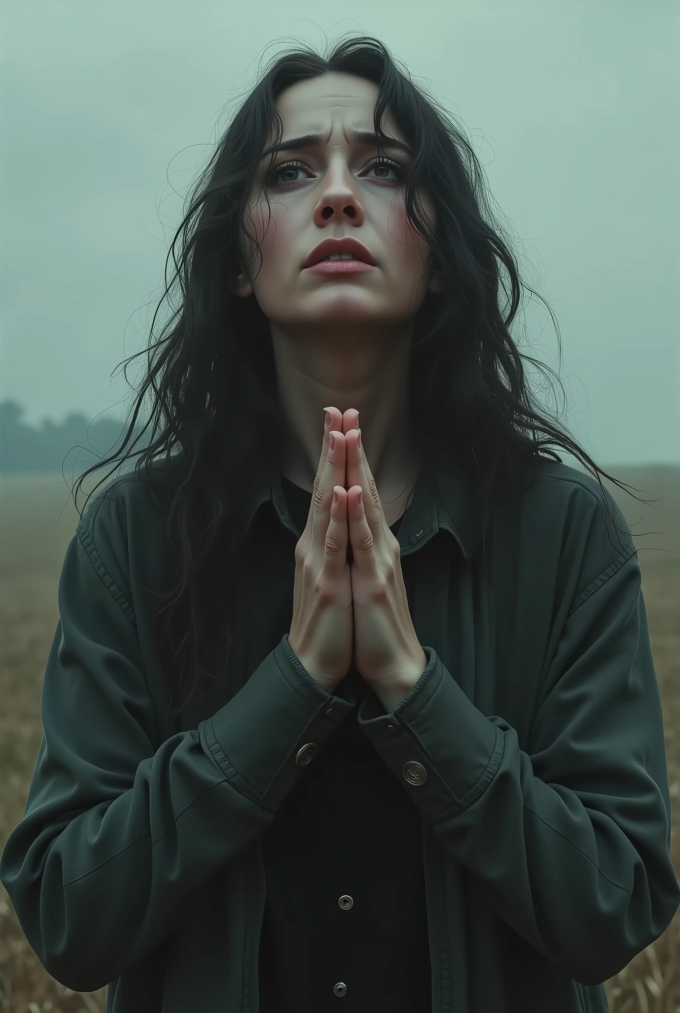 A woman in grief clasps her hands together and looks up to the sky