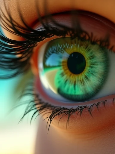 Extreme close-up of the green eye of a gorgeous 2 woman, in which we see the transparent overlay reflection of a beautiful ((naked woman leaning forward epic 100E size breast)) on a tropical beach.