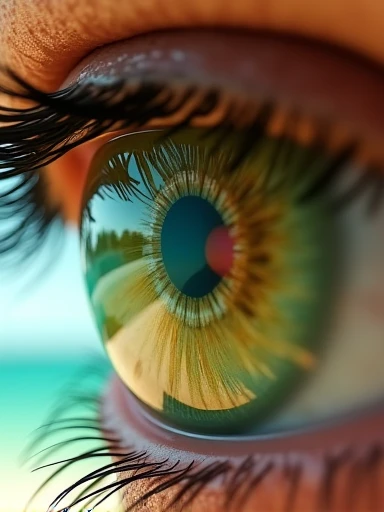 Extreme close-up of the green eye of a gorgeous 2 woman, in which we see the transparent overlay reflection of a beautiful ((naked woman leaning forward epic 100E size breast)) on a tropical beach.