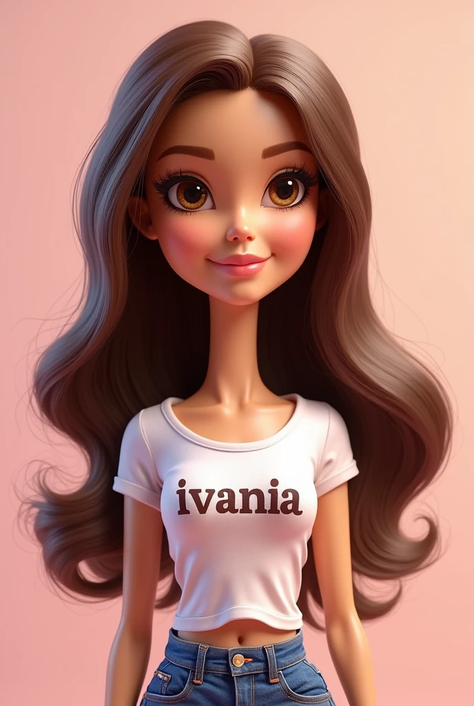 Create a barbie-style caricature of a woman with wavy brown hair down her back and brown eyes wearing a t-shirt that says IVANIA