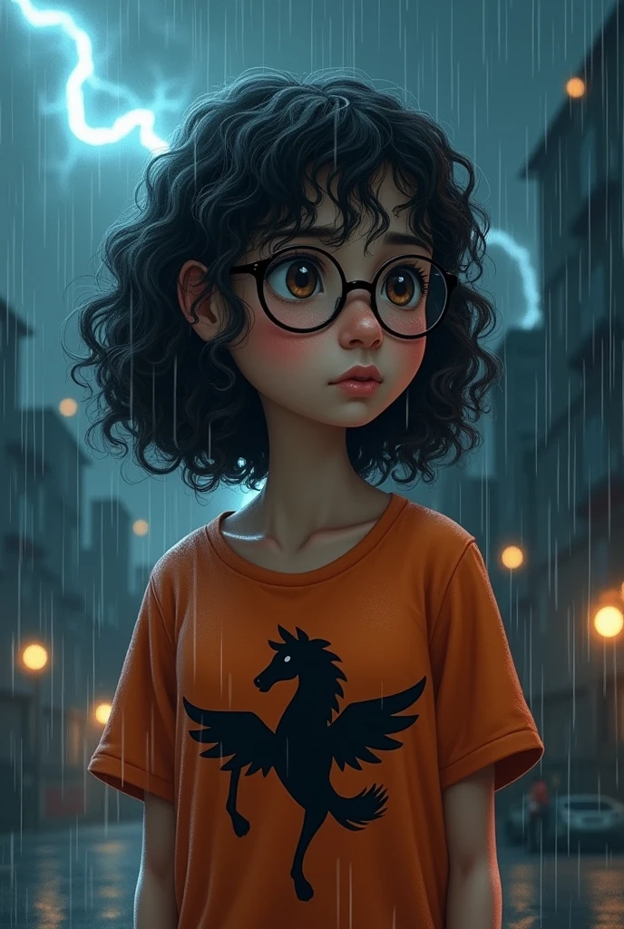 Girl wearing glasses curly hair to shoulder dark skin brown eyes orange t-shirt with black Pegasus symbol in the rain looking to the side lightning in the sky wet rain