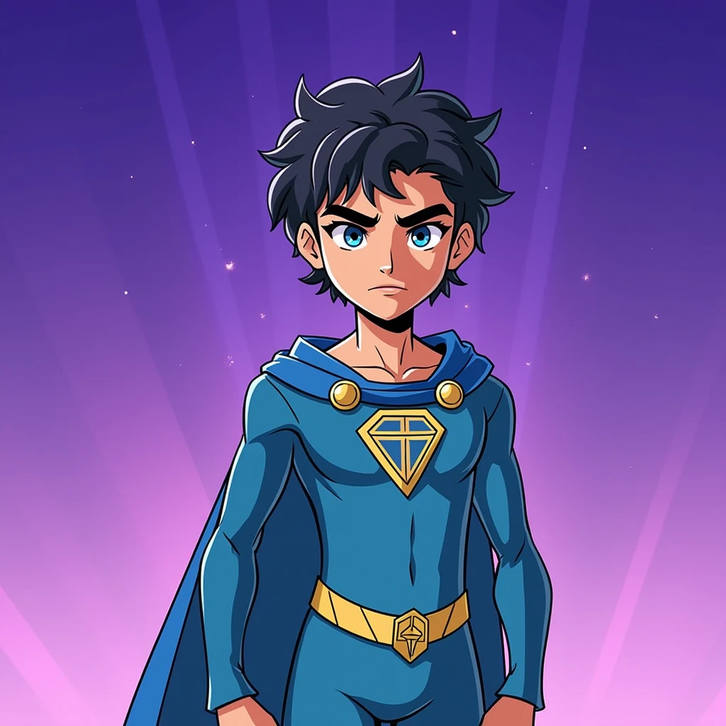 The image depicts a young superhero character standing confidently against a gradient background that transitions from purple at the top to a lighter violet near the bottom. The character has short, wavy black hair and a determined expression, with raised eyebrows and focused eyes.
The superhero is wearing a blue costume with gold accents, including a belt and shoulder details. The suit has a triangular emblem on the chest, featuring a symbol that appears to be a simplified version of a diamond or a "V" shape. The cape matches the blue of the suit, and the overall design gives the character a sleek and modern appearance, with an emphasis on simplicity and bold colors.