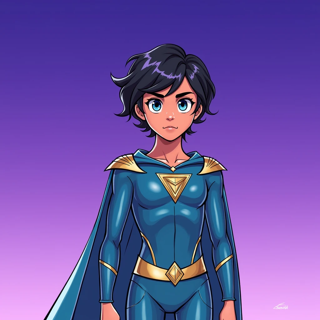 The image depicts a young superhero character standing confidently against a gradient background that transitions from purple at the top to a lighter violet near the bottom. The character has short, wavy black hair and a determined expression, with raised eyebrows and focused eyes.
The superhero is wearing a blue costume with gold accents, including a belt and shoulder details. The suit has a triangular emblem on the chest, featuring a symbol that appears to be a simplified version of a diamond or a "V" shape. The cape matches the blue of the suit, and the overall design gives the character a sleek and modern appearance, with an emphasis on simplicity and bold colors.
