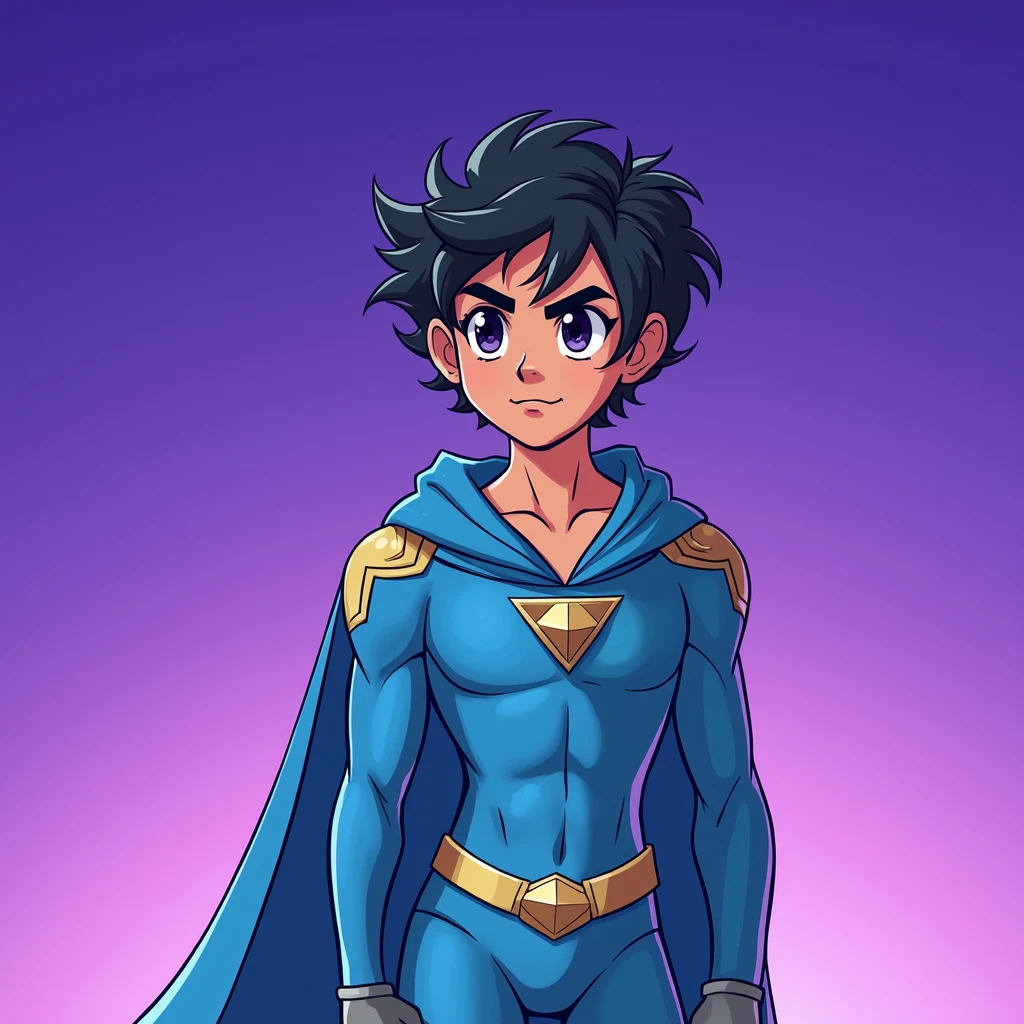 The image depicts a young superhero character standing confidently against a gradient background that transitions from purple at the top to a lighter violet near the bottom. The character has short, wavy black hair and a determined expression, with raised eyebrows and focused eyes.
The superhero is wearing a blue costume with gold accents, including a belt and shoulder details. The suit has a triangular emblem on the chest, featuring a symbol that appears to be a simplified version of a diamond or a "V" shape. The cape matches the blue of the suit, and the overall design gives the character a sleek and modern appearance, with an emphasis on simplicity and bold colors.