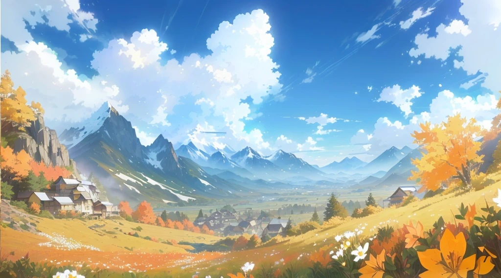 Anime Landscape with mountains and flowers in the foreground, Anime Landscape wallpaper, beautiful Anime Landscape, Anime Landscape, Anime Background art, Anime Landscape, Anime rural scenery, Anime Background, Detailed scenery —width 672, Anime Landscape concept art, Anime beautiful peaceful scene, Beautiful anime scene, Anime movie background, Anime Nature, Huge landscape!, 4k anime wallpaper，autumn，Autumn scenery，The whole changes to orange