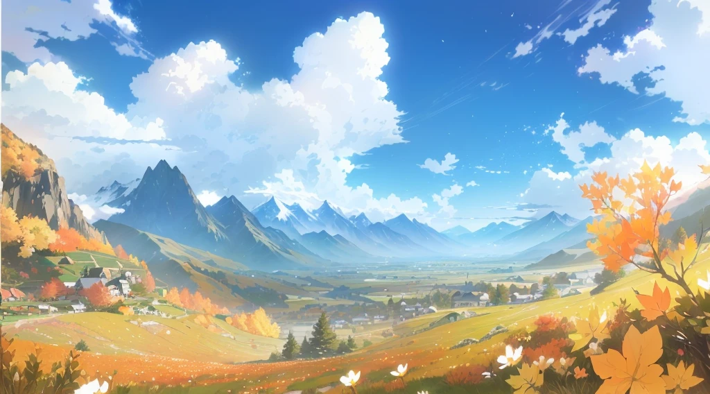 Anime Landscape with mountains and flowers in the foreground, Anime Landscape wallpaper, beautiful Anime Landscape, Anime Landscape, Anime Background art, Anime Landscape, Anime rural scenery, Anime Background, Detailed scenery —width 672, Anime Landscape concept art, Anime beautiful peaceful scene, Beautiful anime scene, Anime movie background, Anime Nature, Huge landscape!, 4k anime wallpaper,autumn,Autumn scenery,The whole changes to orange