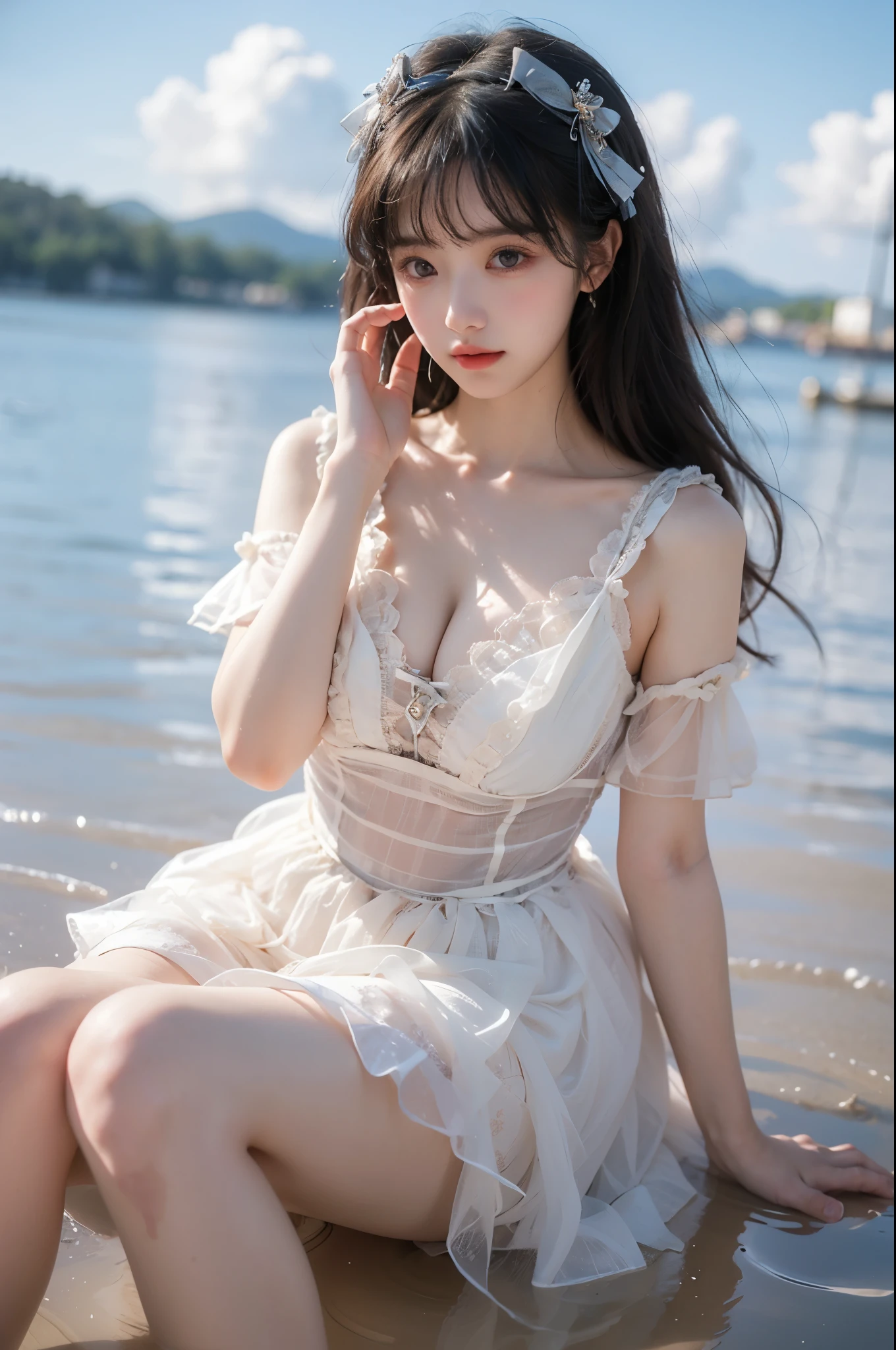 wlyg \(nice with you\)
wathet dress 1 girl, whole body, Elegantly, Her plump breasts are on display.,Visible cleavage,Sexy long legs,Exquisite makeup,Blush,Shy expression,Her skin is flawless,She gently lifted her skirt with one hand,Make gentle and playful gestures, The skirt is short, seaside, Walking in shallow water,wave拍打在她的身上, whole body湿透 沙滩, wave, Blue sky and white clouds, close up,Focus on the role,Ultra HD,best quality,Sony Master Lens,The color is pastel,Warm colors,Emphasis on natural beauty and elegance,Cute girl,High Detail,best quality,rich and colorful