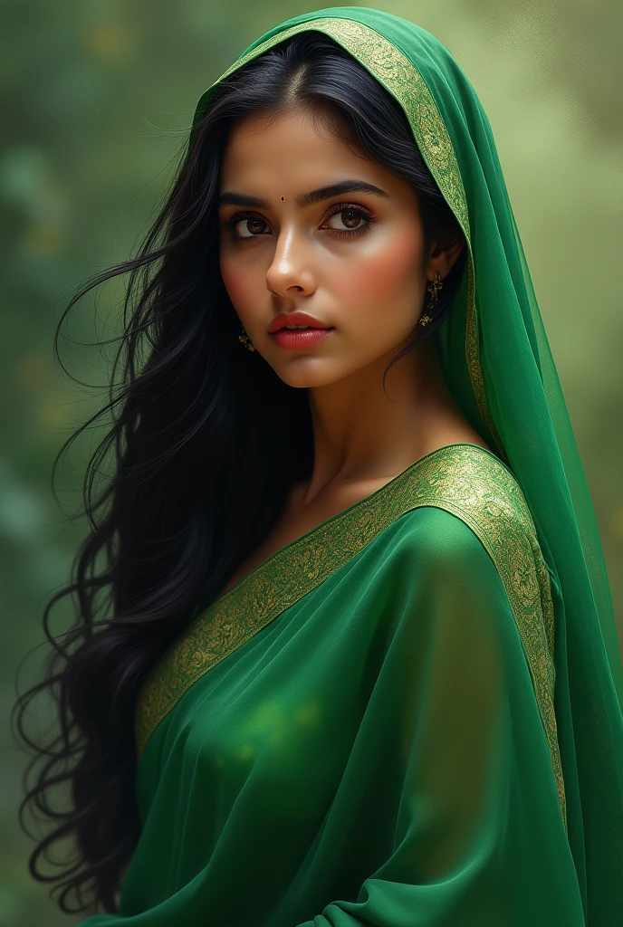A beautiful girl in green saree pallu on head 