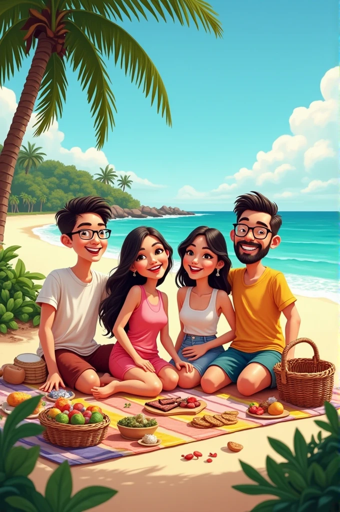 Generate me a cartoon picture of 3 couples going a picnic in a sea side.suitable for a cover photo of whatsapp group cover photo.Generate this photo as a selfy photo.trip is to unawatuna beach srilanka.only one guy is wearing spectacles.other two guys are not wearing spectacles.