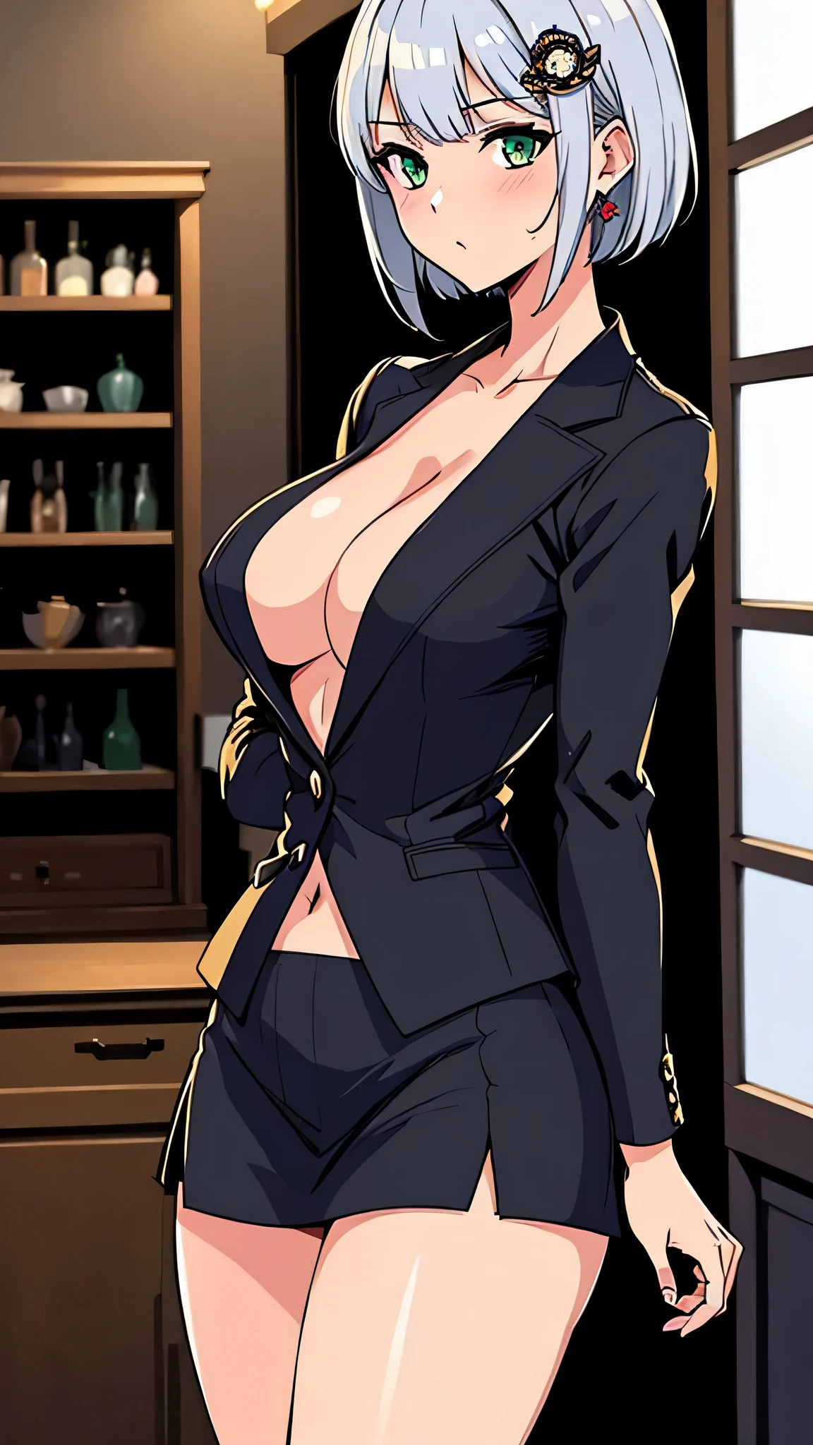 all intricate details, cientificamente: perfect body, girl 1, (masterpiece, best quality:1.2), illustration, solo, 1girl view, short hair, white hair, green eyes, short green blazer, black miniskirt, detailed background, looking at viewer, hair ornaments, indoors, seductora profesional, sexy pose, front and sexy angle, open clothes, nude +18, uncensored