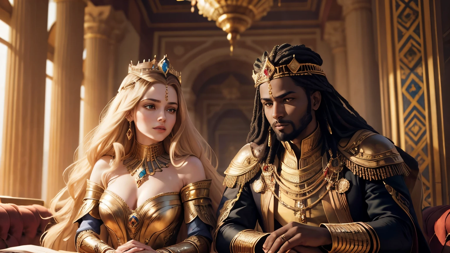 “Majestic portrait of Queen Cassiopeia and King Cepheus in an Ethiopian palace, surrounded by rich tapestries and luxurious furniture. Cassiopeia, with an elaborate crown and luxurious dress, is displaying a look of pride, while Cepheus, with armor and a simple crown, demonstrates a serious and regal countenance.” 8k photo in cinematic action.