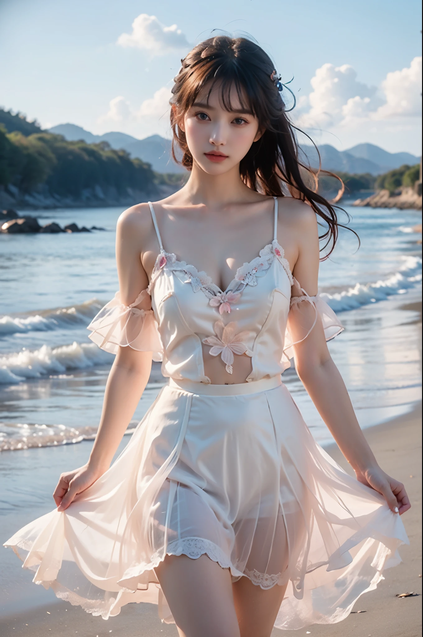 bioluminescent dress
butterfly dress 1女孩, whole body, Elegantly, Her plump breasts are on display.，Visible cleavage，Sexy long legs，Exquisite makeup，Blush，Shy expression，Her skin is flawless，She gently lifted her skirt with one hand，Make gentle and playful gestures, The skirt is short, seaside, Walking in shallow water，wave拍打在她的身上, whole body湿透 沙滩, wave, Blue sky and white clouds, close up，Focus on the role，Ultra HD，best quality，Sony Master Lens，The color is pastel，Warm colors，Emphasis on natural beauty and elegance，Cute girl，High Detail，best quality，rich and colorful
