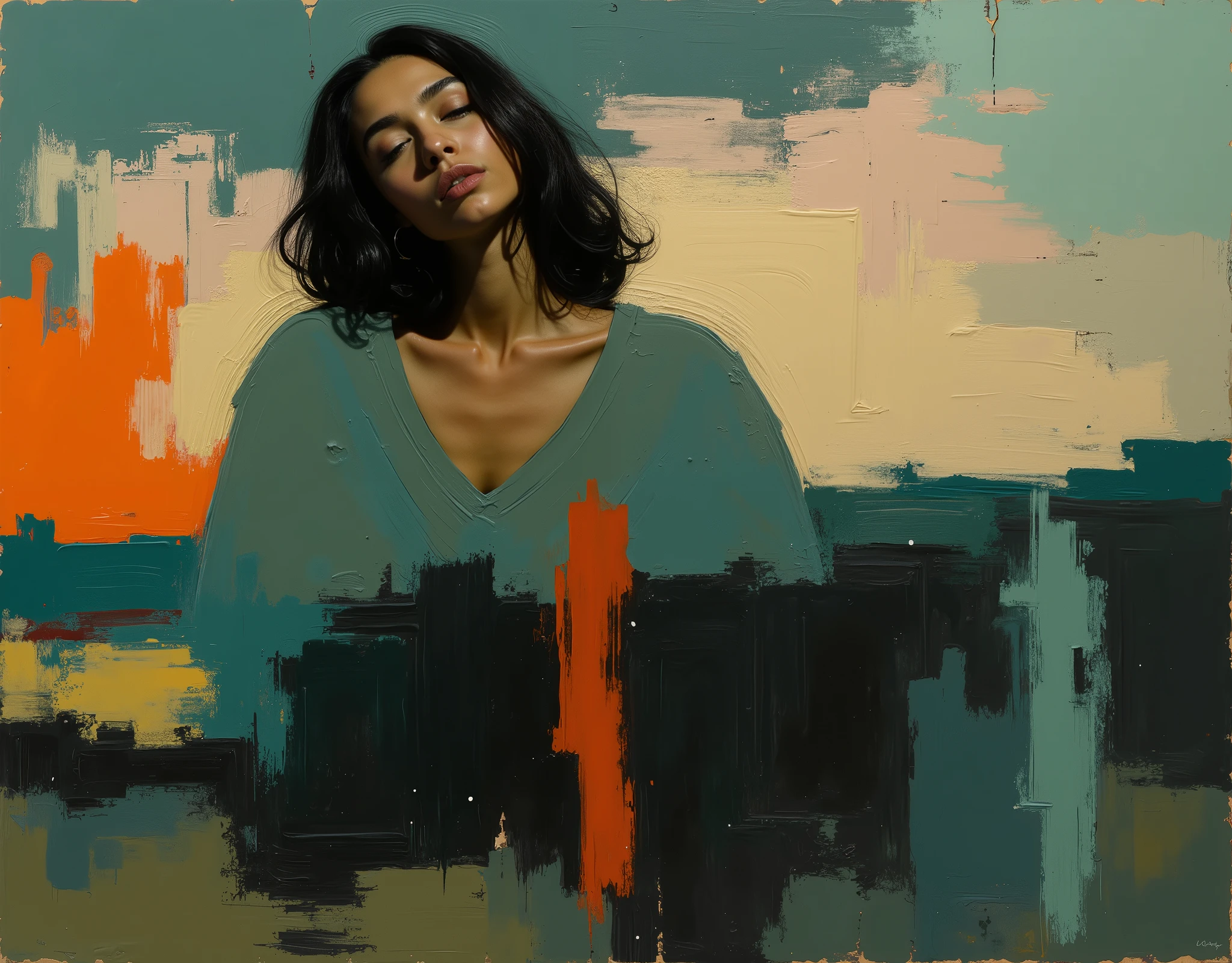 ( a man) a thick textured oil painting, impasto brushstrokes, dry brushing,revealing underlayers, abstract landscape, moody lighting, dramatic shadows, muted earthy colors, vibrant colors, highly detailed, masterpiece,