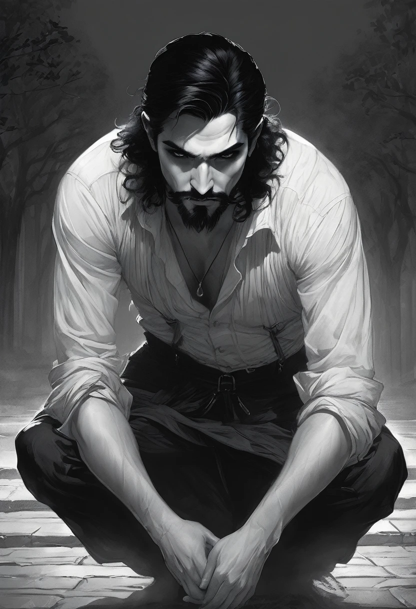 (good quality), (many details), (masterpiece), style of Charlie Bowater, vampire, man, crouching on the ground, gypsy, mean face, wild short black hair, wild beard, wiry, at night in the park, thin, long wiry arms, clawed hands, night,