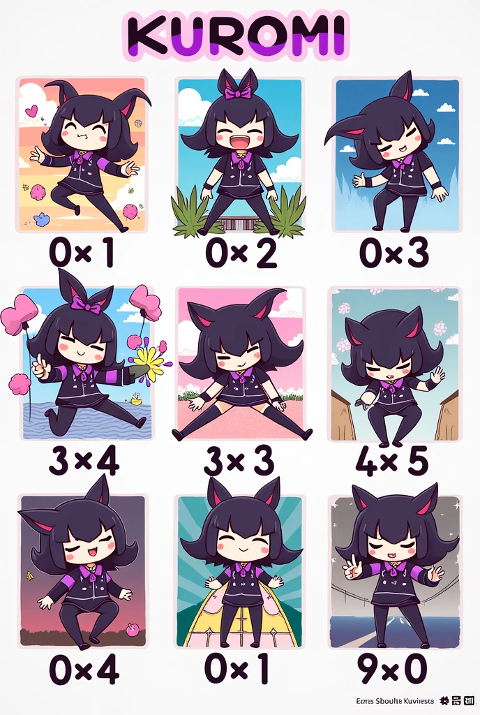 Multiplication tables from 1 to 10 with images of Kuromi