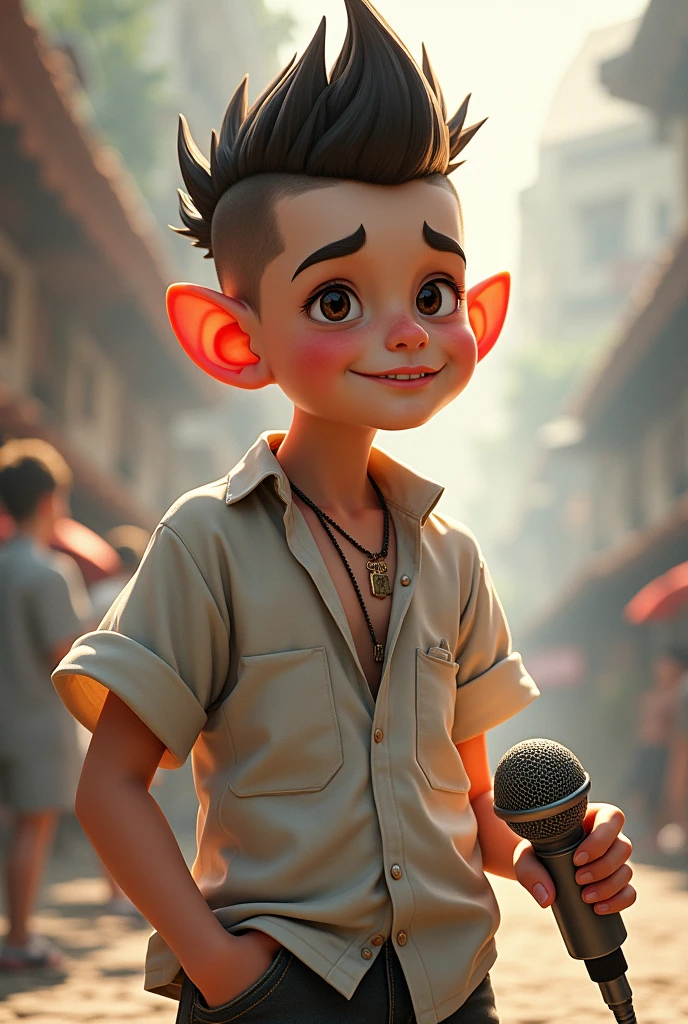 Mohawk Boy, Widen your ears, Loose fitting shirt, With microphone in hand