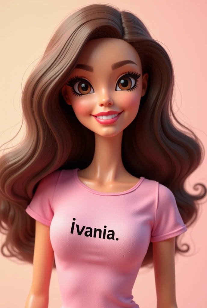 Create a barbie-style caricature of a woman with wavy brown hair down her back and brown eyes wearing a t-shirt that says IVANIA