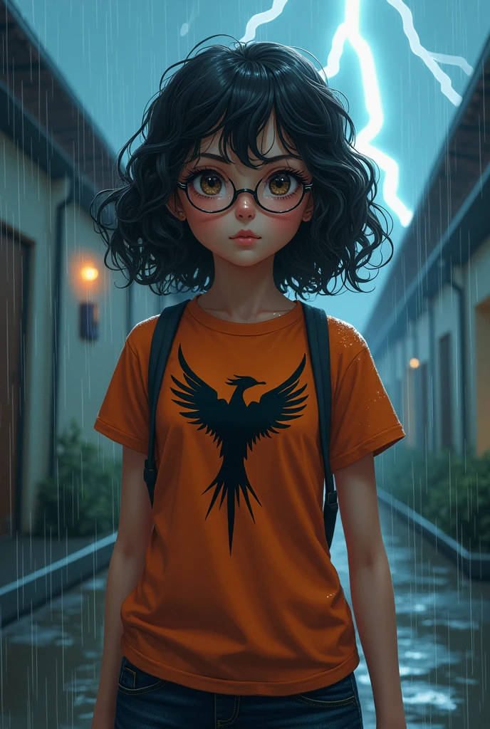 Girl wearing glasses curly hair to shoulder dark skin brown eyes orange t-shirt with black Pegasus symbol in the rain looking to the side lightning in the sky wet rain