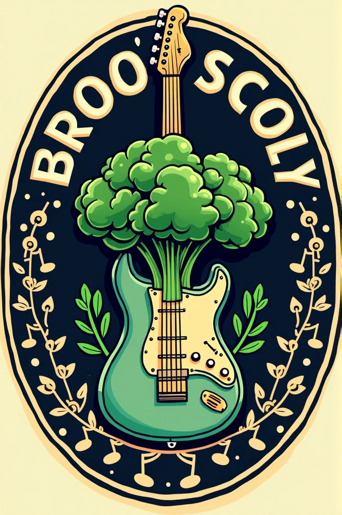 A circular logo featuring interconnected musical ornaments such as music notes, guitar keys, drum sticks, or microphones. At the center, a stylized broccoli image will be incorporated, resembling a guitar or drum. The band name "BROO'SCOLY" will encircle the outer part of the logo.
Make a big siluet of the guitar and make the logous vibe like a cartoon 1990