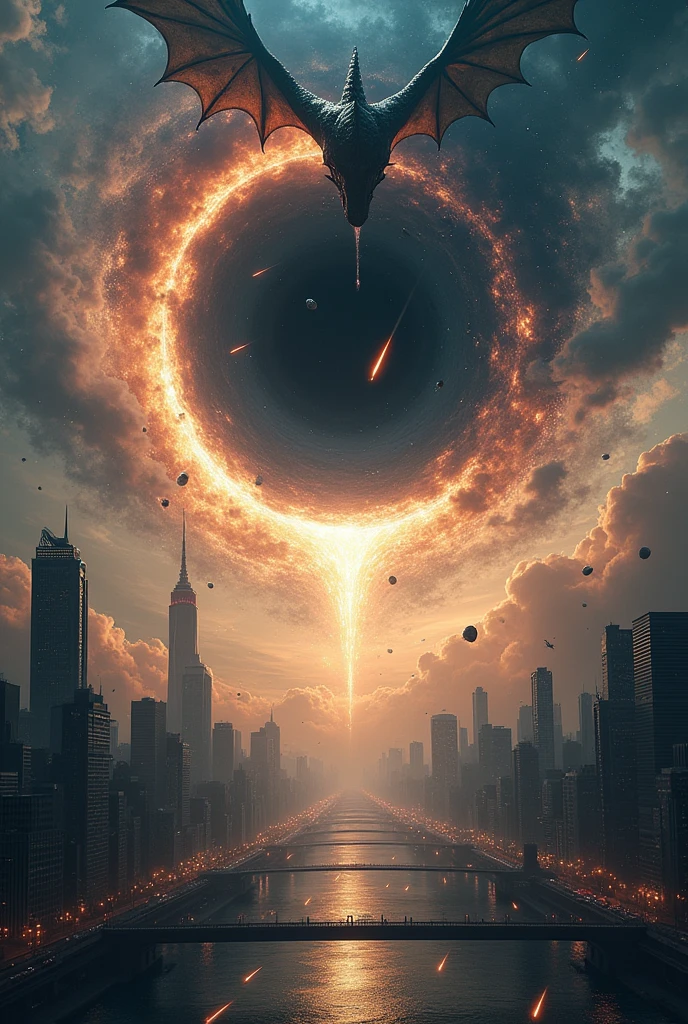World, Galatic background, skyfall, metoride, bullets fall from the sky, chaos, at the city, blackhole at the sky, Valhalla view, screnery only, dragon eating the blackhole,