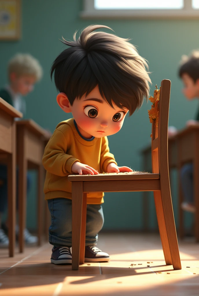  looking at a broken chair at his school