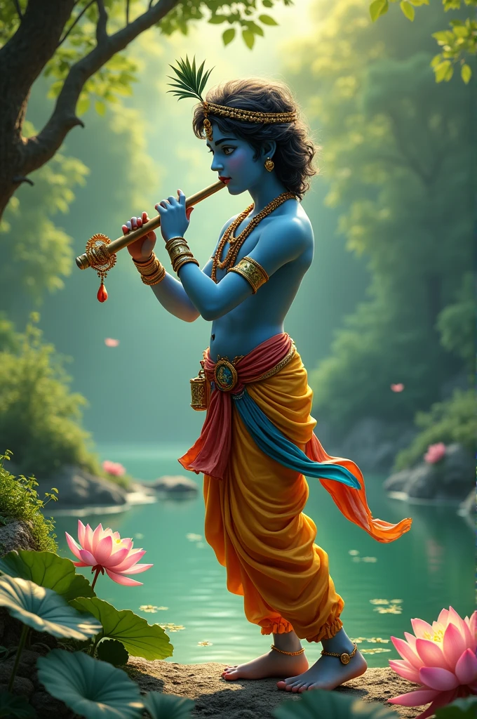 Lord Krishna Standing near a green pond playing the flute 