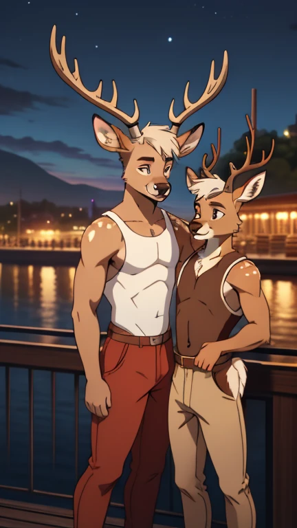 Best quality, Super detailed illustration, (furry deer gay boy:1.4), gay femboy, masculine face and body, femboy, deer antlers, disheveled thick white hair, dark brown fur, two-tone dark brown fur, white Hooters outfits, red pants, gray goatee, smug smile, half-closed detailed eyes, against the background of the harbor, gay male, small waist, wide hips, slim, perfect body, style &quot;DND&quot;