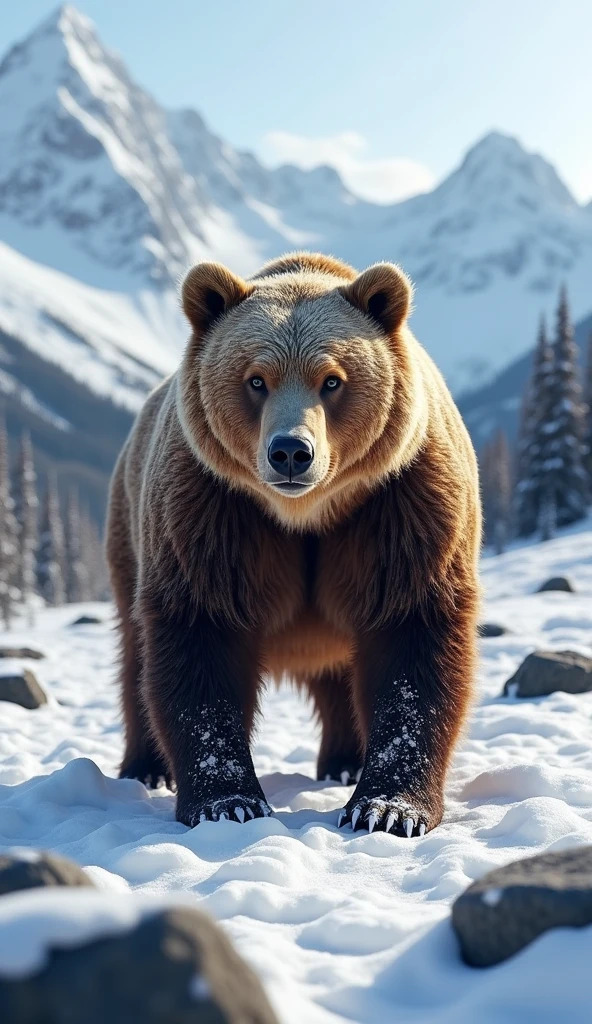realistic high-detailed brown bear, detailed fur texture, vivid eyes, standing on a snowy field, snow-capped mountains and forest in the background, natural lighting, photorealistic, 8k, hyper-detailed, masterpiece