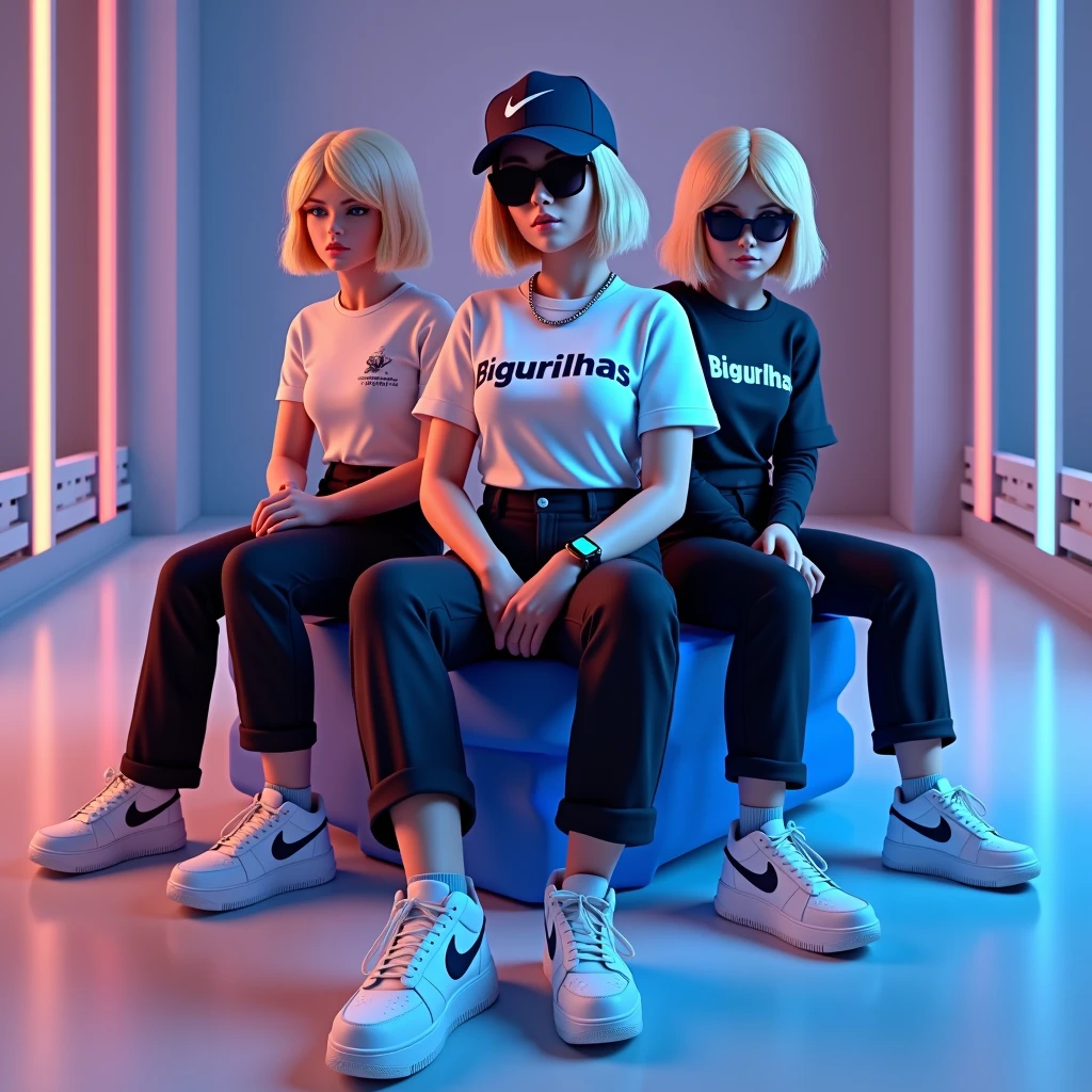 A cinematic 3D rendering of a 3 woman named Shanye posing casually on the iconic Facebook logo. She has short blonde hair and is wearing a navy blue Nike cap, dark sunglasses, a white "BIGURILHAS" t-shirt, black pants, and white Nike sneakers. She is wearing a smartwatch on her left arm and has a thin chain around her neck. The background features a sleek social media profile page with vivid colors and captivating typography. The scene radiates a sense of modernity and digital prowess.