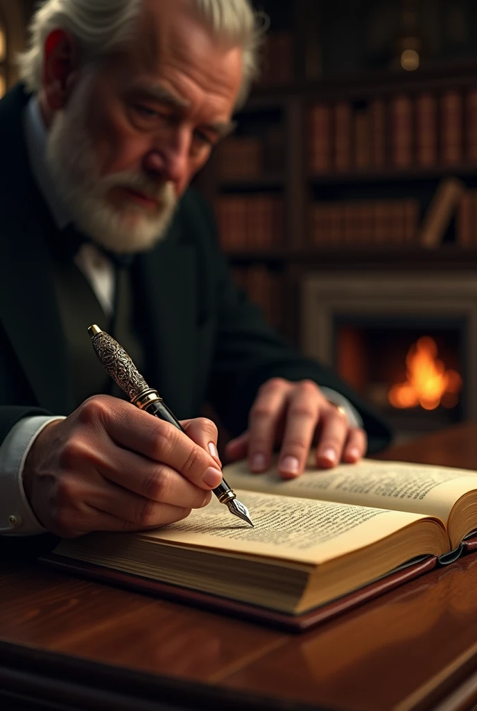 an author writing in a book with an old pen 