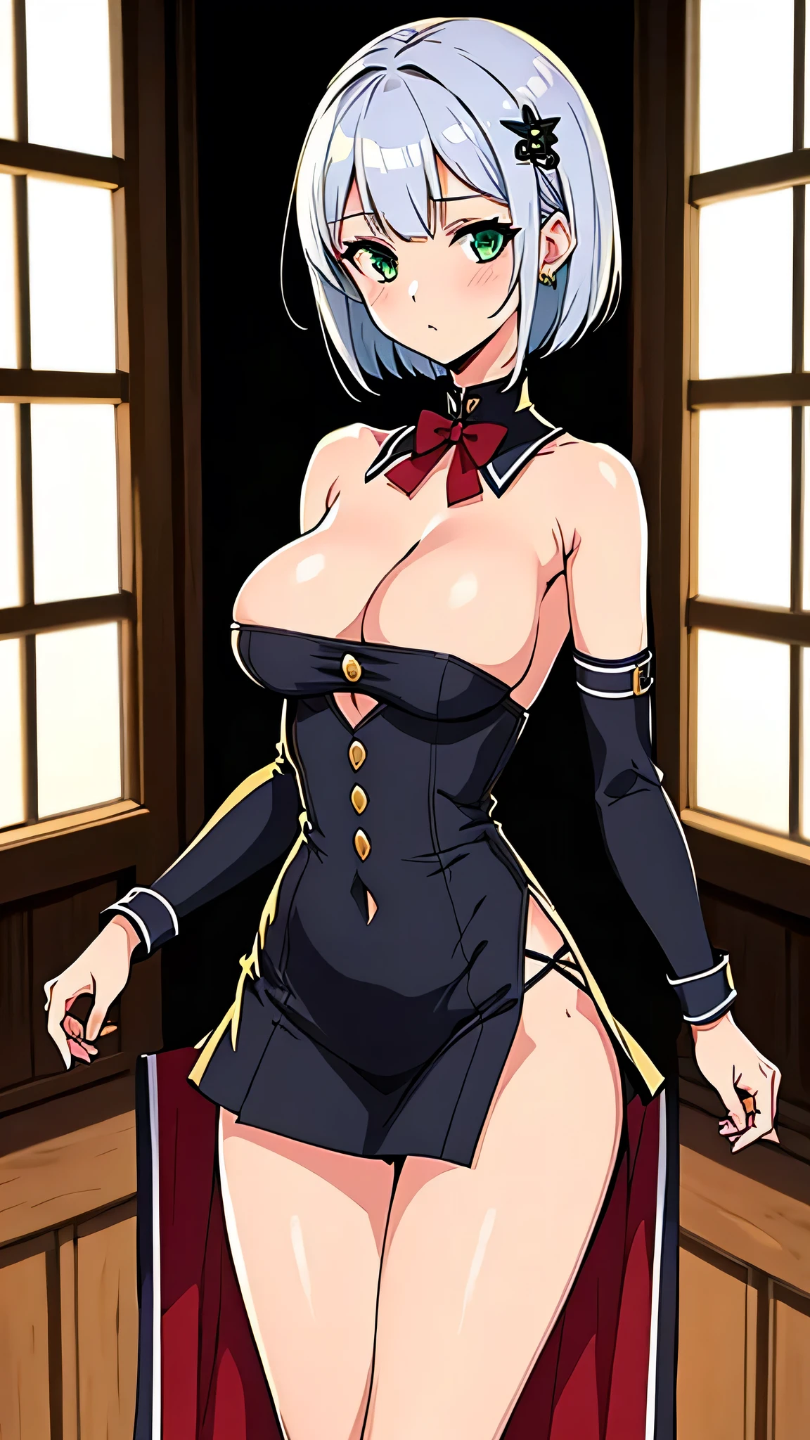 full body, open legs,all intricate details, cientificamente: perfect body, girl 1, (masterpiece, best quality:1.2), illustration, solo, 1girl view, short hair, white hair, green eyes, short green blazer, black miniskirt, detailed background, looking at viewer, hair ornaments, indoors, sexy pose, front and sexy angle, open clothes, nude +18, uncensored