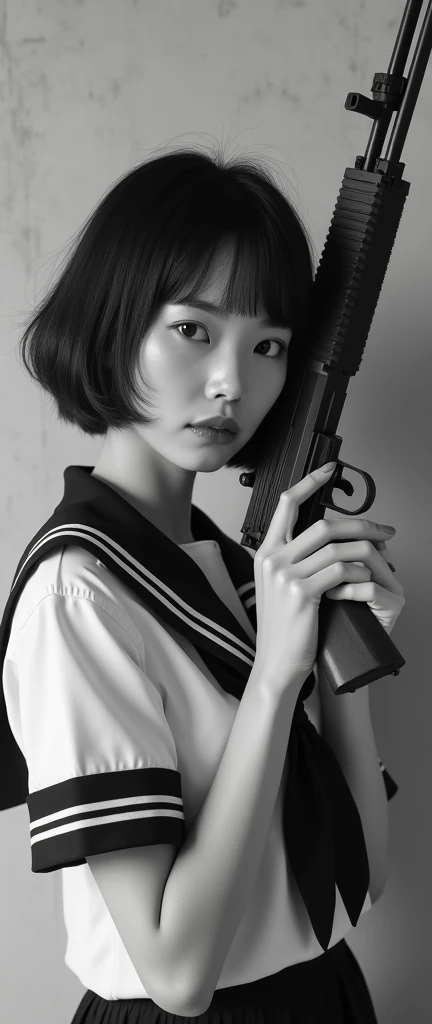 Realistic, Photorealistic, Highly realistic photos, Black and white photography:1.37, Black and White Photography:1.37, from side:1.21, Above the knee shot, Close your lips, Anatomically correct5Finger, (Has an assault rifle:1.21), (Assault rifle held diagonally upwards:1.21), Portrait of a Japan woman:1.21, School uniforms, Sailor uniforms from famous Tokyo Metropolitan High Schools, Short sleeve clothing, Short-sleeved sailor uniform:1.21, sera fuku:1.21, The upper body is wearing a uniform:1.21, Brown Hair, short hair, Students in the 1970s, Cute Japanese woman's face:1.21, Beautiful Japanese woman face:1.21, Sharp eyebrows:1.37, Anxious face, White skin:1.21, Fine skin, Glowing Skin:1.21, Ray Tracing, Concrete wall background, Serene monochrome photography, レトロなBlack and white photography, Dynamic and cinematic lighting,