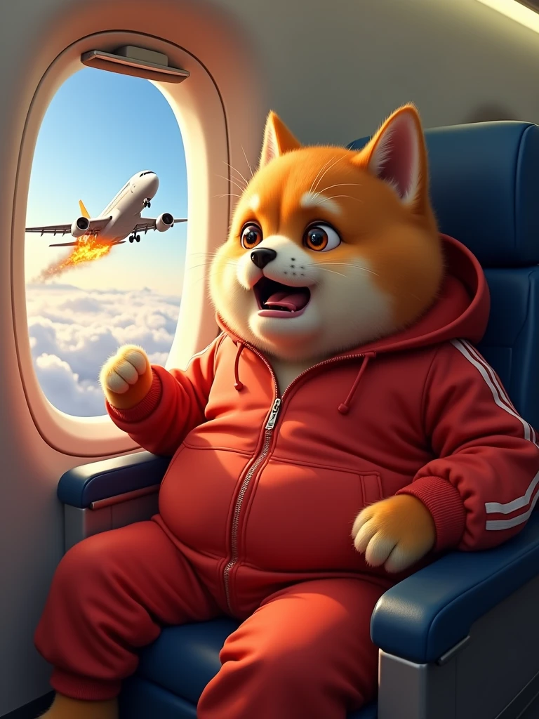 Envision a cartoonish, chubby dog with vibrant ginger fur. This dog bears the characteristics of a real-life British cat, complete with brown eyes. It's dressed in a bright red track suit. The scene is set inside an airplane with the cat seated next to a window, looking out. The airplane is airborne, soaring amongst the clouds. Outside the window, under the wing, the plane's engine is ablaze. The cat, panic-stricken, screams in horror, with its paws lifted in the air. The image emulates the styles of hyperrealism and photorealism, demonstrating an aesthetic beauty, simply realistic with high resolution and detailed precision.