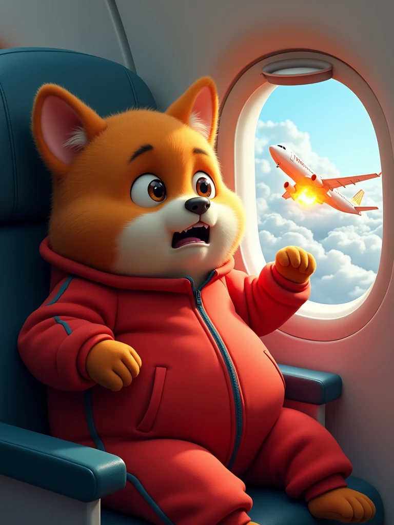 Envision a cartoonish, chubby dog with vibrant ginger fur. This dog bears the characteristics of a real-life British cat, complete with brown eyes. It's dressed in a bright red track suit. The scene is set inside an airplane with the cat seated next to a window, looking out. The airplane is airborne, soaring amongst the clouds. Outside the window, under the wing, the plane's engine is ablaze. The cat, panic-stricken, screams in horror, with its paws lifted in the air. The image emulates the styles of hyperrealism and photorealism, demonstrating an aesthetic beauty, simply realistic with high resolution and detailed precision. 