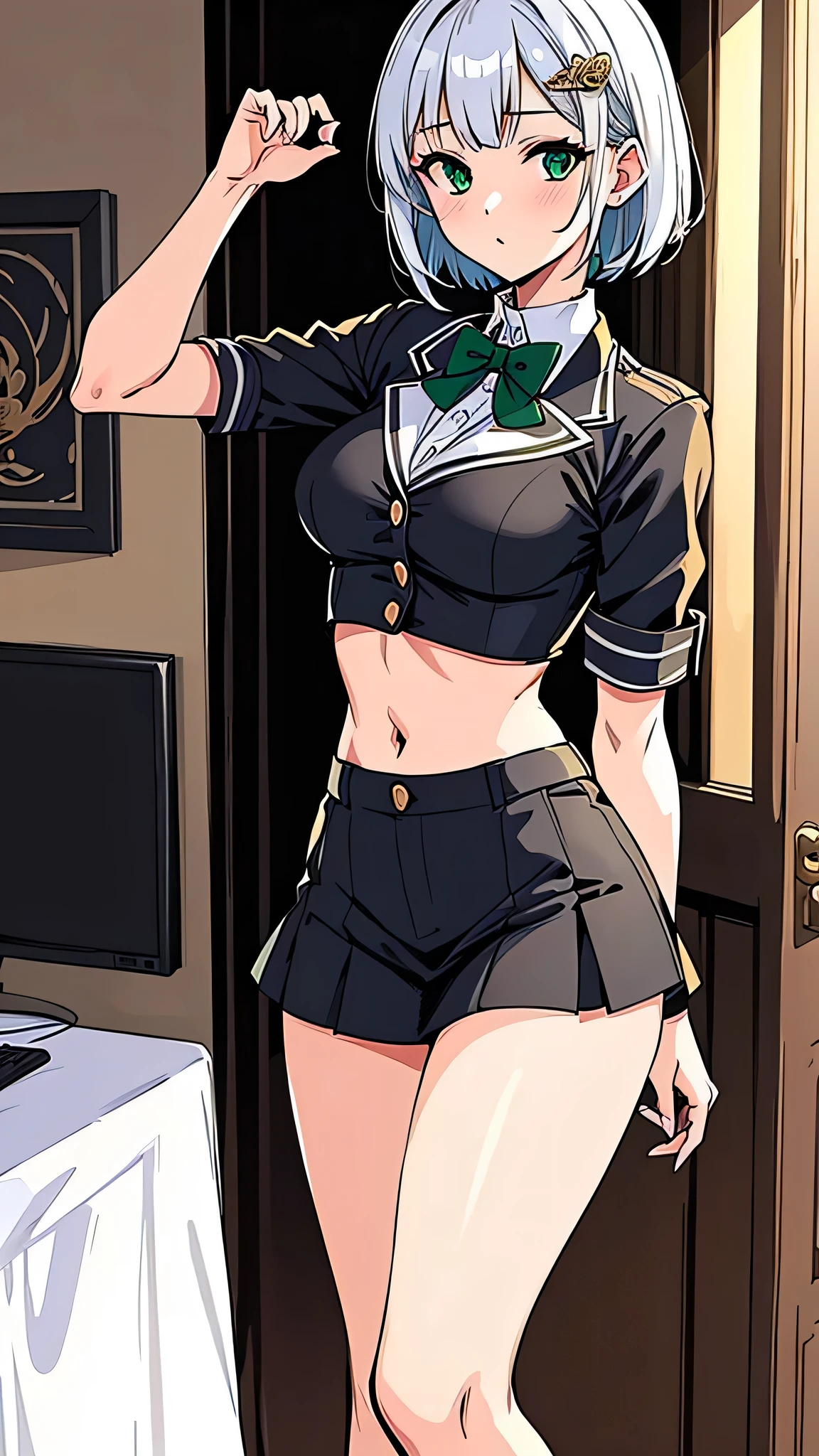 full body, open legs,all intricate details, cientificamente: perfect body, girl 1, (masterpiece, best quality:1.2), illustration, solo, 1girl view, short hair, white hair, green eyes, short green blazer, black miniskirt, detailed background, looking at viewer, hair ornaments, indoors, sexy pose, front and sexy angle, open clothes, nude +18, uncensored