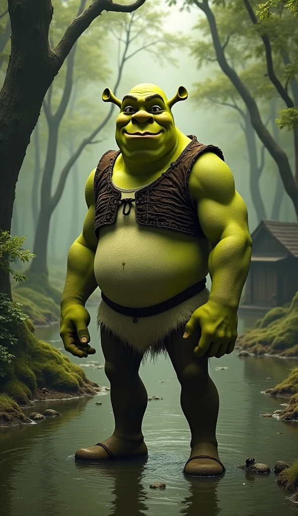 Shrek, the big green ogre, stands in his swamp, surrounded by tall trees and murky water. His skin is tough, but there's a softness in his eyes that hints at the gentle heart inside. The swamp is quiet, except for the sound of frogs croaking and leaves rustling in the breeze. His small wooden house, cozy yet lonely, sits nearby. Shrek is alone, but there's a sense of peace in the air, as if the swamp itself is his true home. His presence is strong, yet comforting, a symbol of both power and kindness.