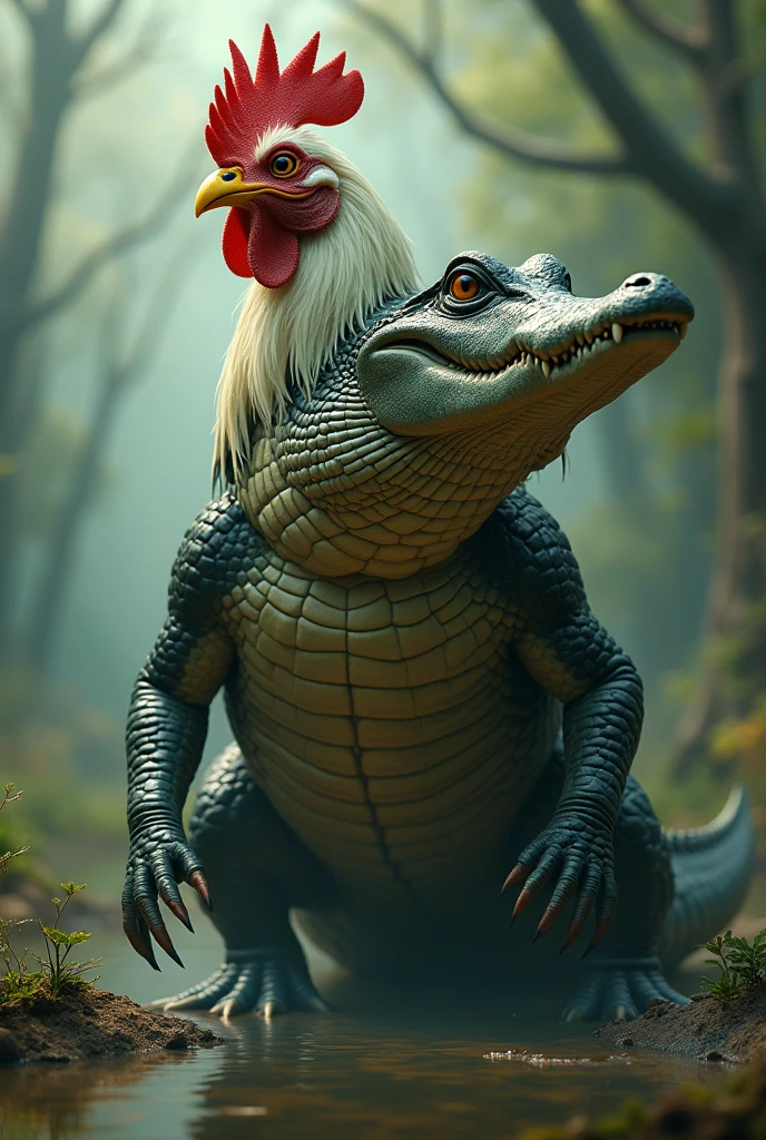 A dog with the head of a chicken and the body of an alligator